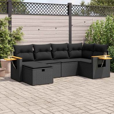 vidaXL 6-tlg. Garten-Sofagarnitur mit Kissen Schwarz Poly Rattan