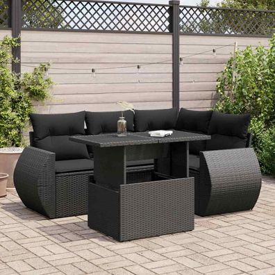 vidaXL 5-tlg. Garten-Sofagarnitur mit Kissen Schwarz Poly Rattan