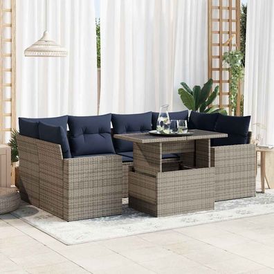 vidaXL 7-tlg. Garten-Sofagarnitur mit Kissen Grau Poly Rattan Akazie