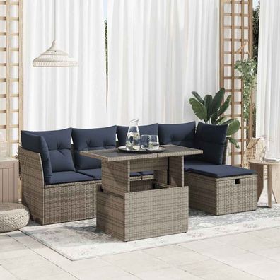 vidaXL 6-tlg. Garten-Sofagarnitur mit Kissen Grau Poly Rattan Akazie