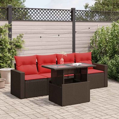 vidaXL 5-tlg. Garten-Sofagarnitur mit Kissen Braun Poly Rattan Akazie