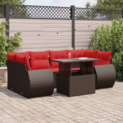 vidaXL 7-tlg. Garten-Sofagarnitur mit Kissen Braun Poly Rattan Akazie