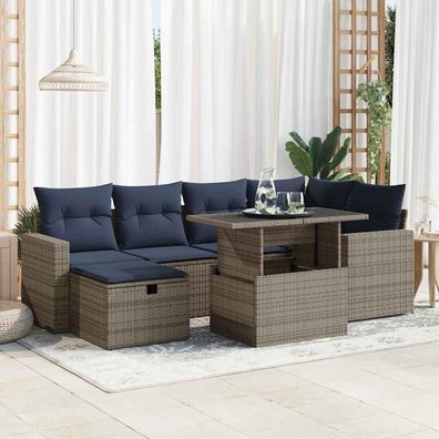 vidaXL 7-tlg. Garten-Sofagarnitur mit Kissen Braun Poly Rattan Akazie