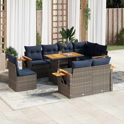 vidaXL 9-tlg. Garten-Sofagarnitur mit Kissen Grau Poly Rattan Akazie