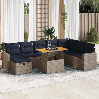 vidaXL 9-tlg. Garten-Sofagarnitur mit Kissen Grau Poly Rattan Akazie