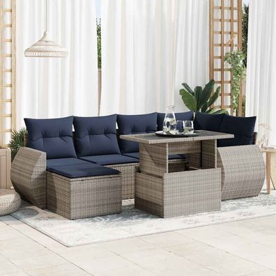 vidaXL 7-tlg. Garten-Sofagarnitur mit Kissen Grau Poly Rattan Akazie