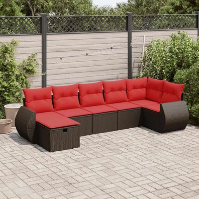 vidaXL 7-tlg. Garten-Sofagarnitur mit Kissen Braun Poly Rattan