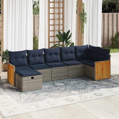 vidaXL 7-tlg. Garten-Sofagarnitur mit Kissen Grau Poly Rattan