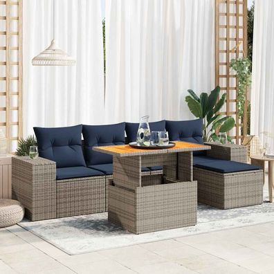 vidaXL 6-tlg. Garten-Sofagarnitur mit Kissen Grau Poly Rattan