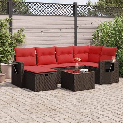 vidaXL 7-tlg. Garten-Sofagarnitur mit Kissen Braun Poly Rattan