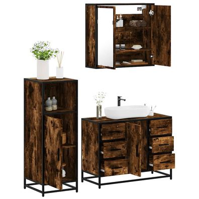 vidaXL 3-tlg. Badmöbel-Set Räuchereiche Holzwerkstoff