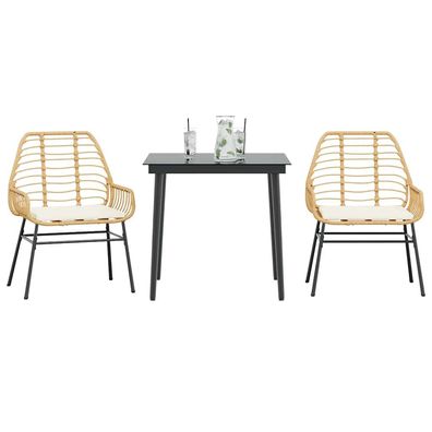 vidaXL 3-tlg. Garten-Essgruppe mit Kissen Braun Poly Rattan Glas