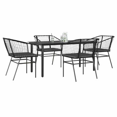 vidaXL 5-tlg. Garten-Essgruppe mit Kissen Schwarz Poly Rattan Glas