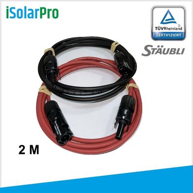 2X 2m Solarkabel Verlängerungskabel Rot/Schwarz Solarstecker Stäubli