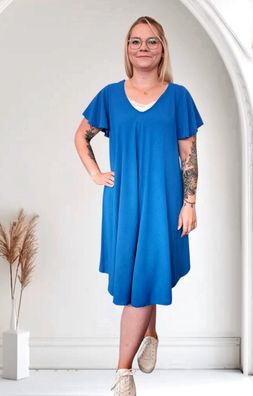 Italy Viskosekleid Sommerkleid Kleid Midi Flügelarm Kurzarm A-Linie Royalblau