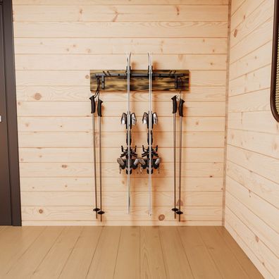 QLS Skihalterung S3 Wand Skihalter für 4 Paare 83 cm Stahl Holz Hakenleiste 9987