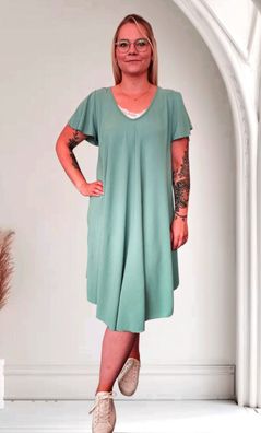 Italy Viskosekleid Sommerkleid Kleid Midi Flügelarm Kurzarm A-Linie Salbei