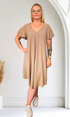 Italy Viskosekleid Sommerkleid Kleid Midi Flügelarm Kurzarm A-Linie Taupe