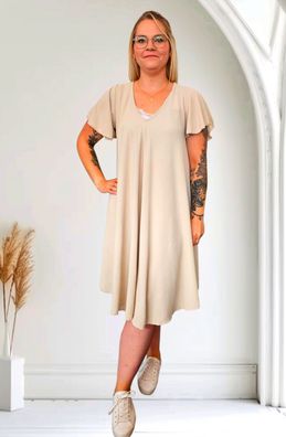Italy Viskosekleid Sommerkleid Kleid Midi Flügelarm Kurzarm A-Linie Beige