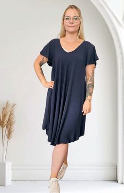 Italy Viskosekleid Sommerkleid Kleid Midi Flügelarm Kurzarm A-Linie Marine