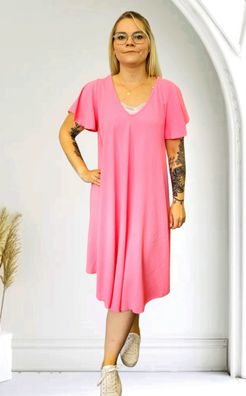 Italy Viskosekleid Sommerkleid Kleid Midi Flügelarm Kurzarm A-Linie Rosa