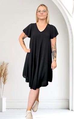Italy Viskosekleid Sommerkleid Kleid Midi Flügelarm Kurzarm A-Linie in Schwarz