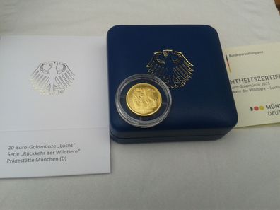 Original 20 euro 2025 Luchs D München 3,89g Gold 9999er 1/8 Unze Gold