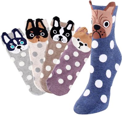 Hundesocken Damen - 5er Set - Cartoon-Tiere - Größe 36-44 - Baumwolle