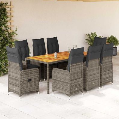 vidaXL 9-tlg. Garten-Bistro-Set mit Kissen Grau Poly Rattan