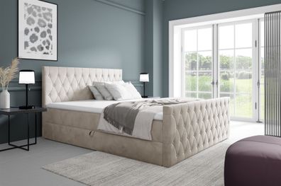 Boxspringbett Schlafzimmerbett ASHER Premium 200x220cm Stoff Fresh Altweiß