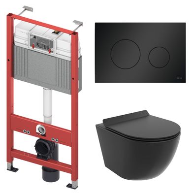WC SET: Vorwandelement TECE + Toilette Schwarz + Matte + Betätigungsplatte in Schwarz