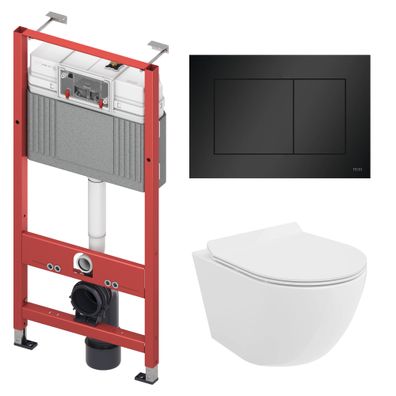 WC SET: Vorwandelement TECE + Toilette Rolo Weiß + Matte+Betätigungsplatte in Schwarz