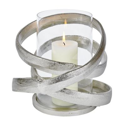 Lambert Lombardo Windlicht Aluminium mit Glaseinsatz rund vernickelt matt H 28 cm