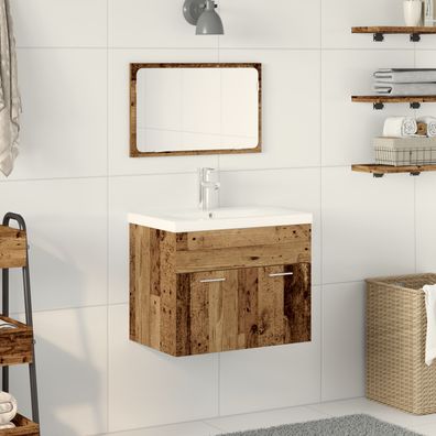 vidaXL 3-teiliges Badezimmermöbel Set Altholz MDF Waschbeckenunterschrank mit Becken