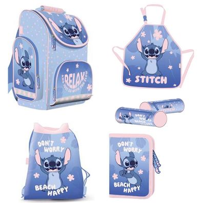 Disney Stitch 5 teiliges Schulranzen Set mit Mäppchen Turnbeutel und Malschürze