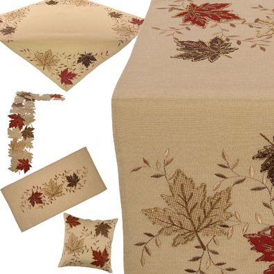 Tischdecke Tischläufer Kissenbezug Ecru Tischwäsche Bestickt Herbst Ahornblatt