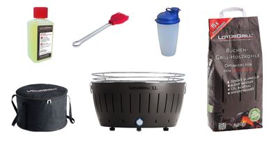 LotusGrill XL Starter-Set 1x XL Grill Anthrazitgrau mit USB-Anschluß, 1x Buchenhol