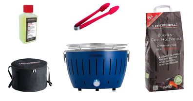 LotusGrill S Small Kompakt Starter-Set Tiefblau der raucharme Holzkohlegrill