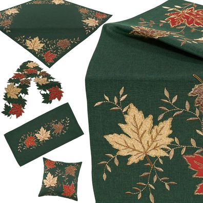 Tischdecke Tischläufer Kissenbezug Grün Tischwäsche Bestickt Herbst Ahorn Blatt