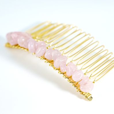 Handgemachter Rosenquarz Haarkamm 14K vergoldet | Brautschmuck Geschenk