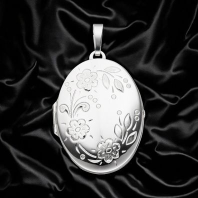 Medaillon oval Blumen für 2 Fotos 925 Sterling Silber Anhänger zum Öffnen
