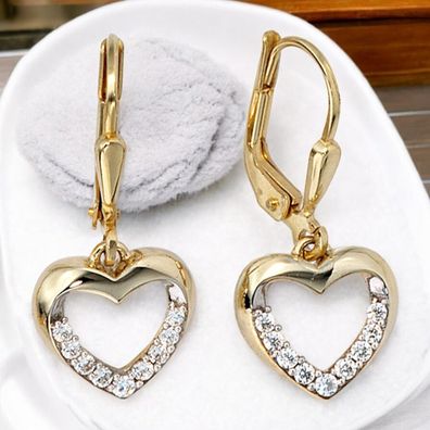 Boutons Herz 333 Gold Gelbgold bicolor mit Zirkonia Ohrringe Ohrhänger