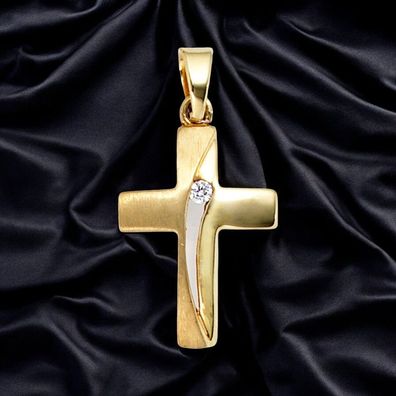 Anhänger Kreuz 333 Gold Gelbgold teil matt 1 Zirkonia Kreuzanhänger Goldkreuz