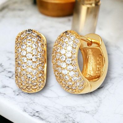 Creolen breit rund 925 Sterling Silber gold vergoldet mit Zirkonia Ohrringe
