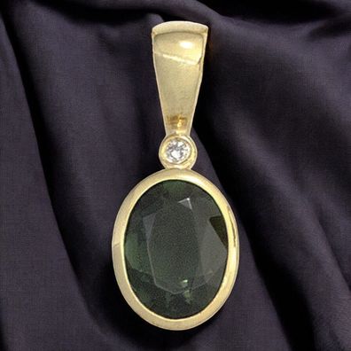 Anhänger oval 585 Gold Gelbgold 1 Turmalin grün 1 Diamant 0,01ct. Goldanhänger