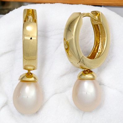 Creolen 333 Gold Gelbgold 2 Süßwasser Perlen Ohrringe Perlenohrringe