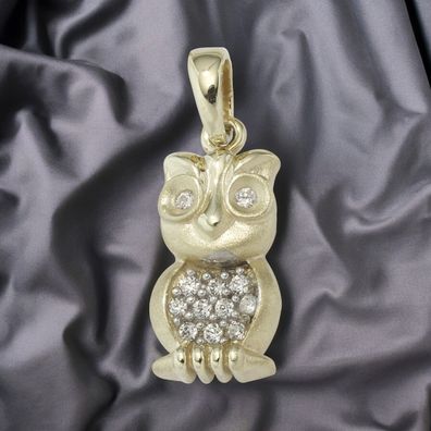 Anhänger Eule 333 Gold Gelbgold mattiert mit Zirkonia Goldanhänger