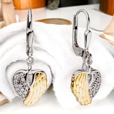 Boutons Herz Flügel 925 Silber bicolor mit Zirkonia Ohrringe Ohrhänger