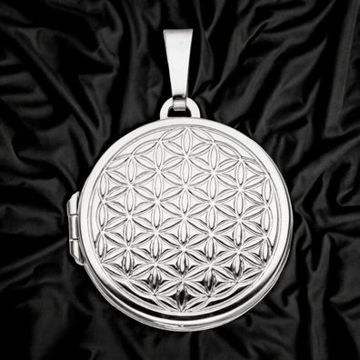 Medaillon rund Lebensblume 925 Sterling Silber rhodiniert zum Öffnen für 2 Fotos