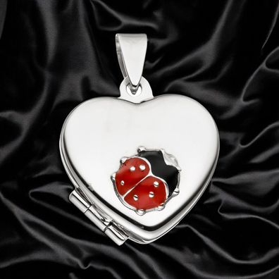 Kinder Medaillon Herz mit Marienkäfer 925 Sterling Silber zum Öffnen für 2 Fotos